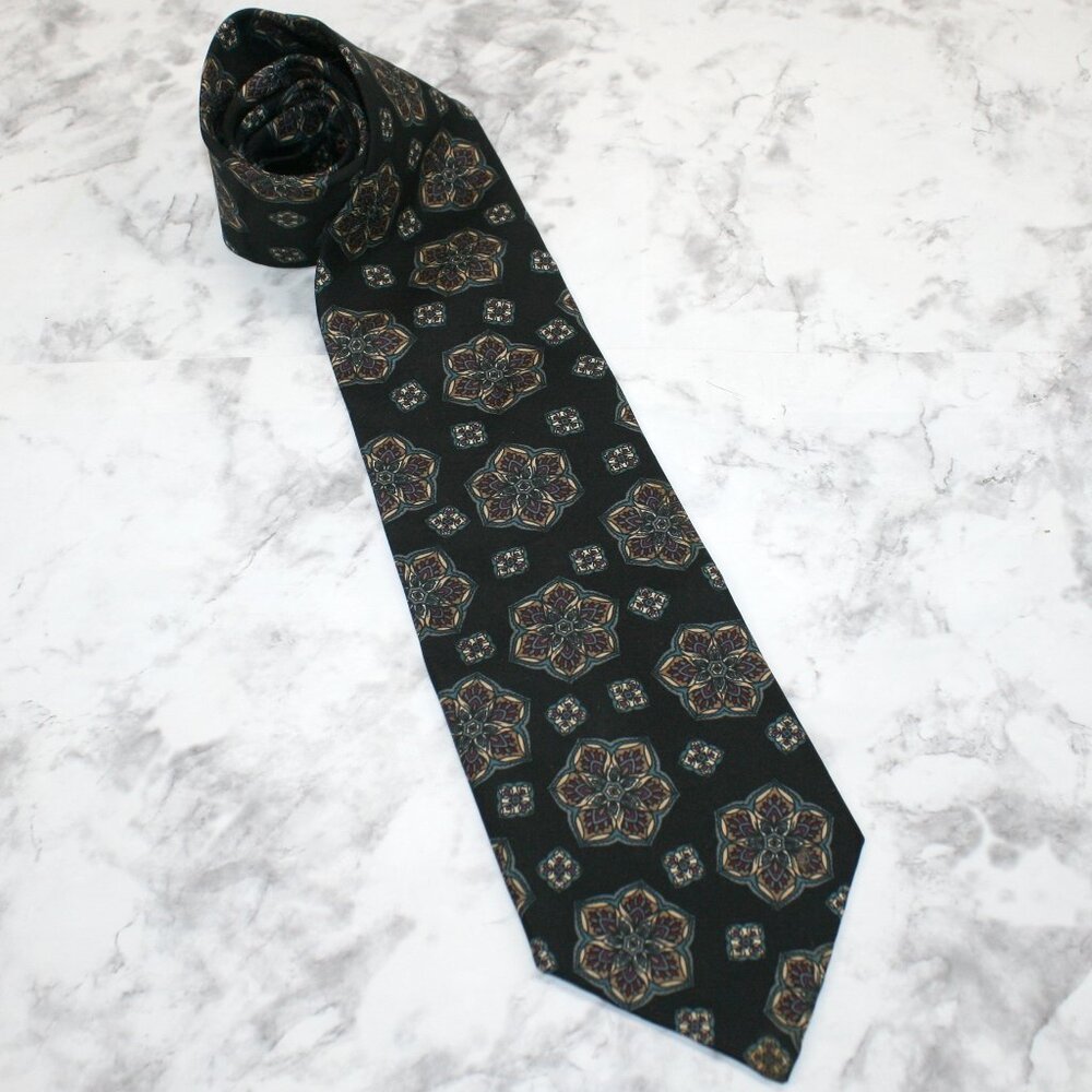 VINTAGE CHRISTIAN DIOR Neck Tie Floral Mandala Black Teal Luxury Necktie